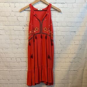Elegant Reddish Orange Embroidered Midi Dress